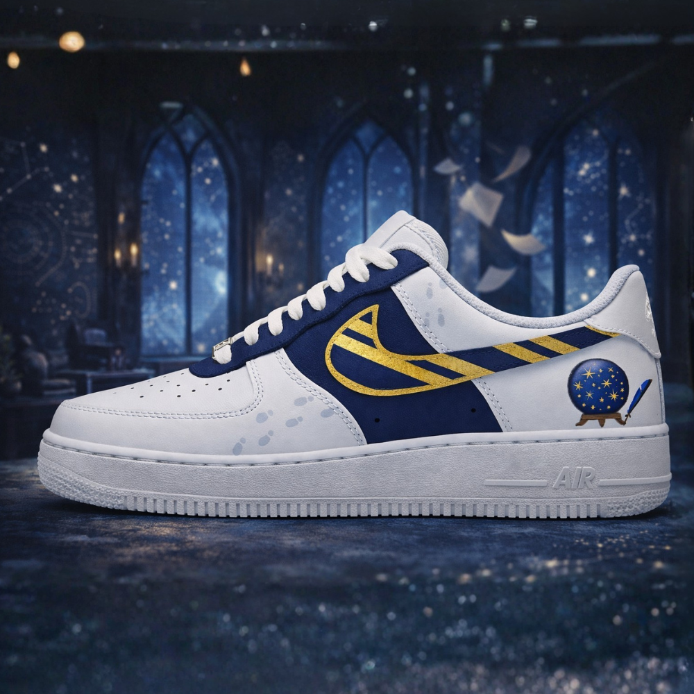 Ravenclaw-inspired custom Nike Air Force 1 sneaker with navy and gold hand-painted swoosh and celestial crystal ball artwork