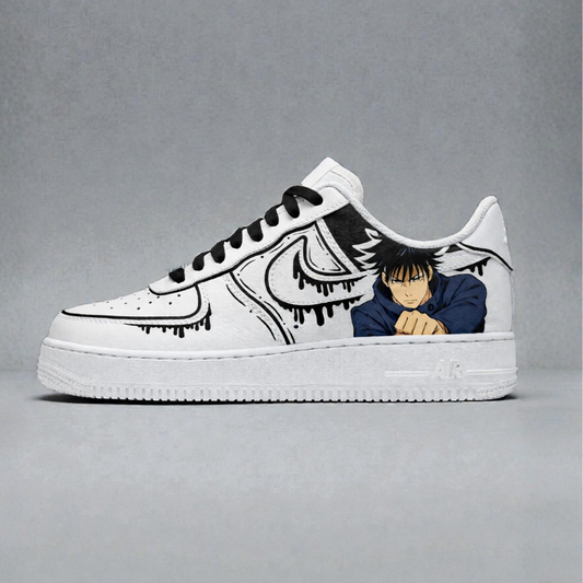 Custom hand-painted white Air Force 1 sneakers featuring anime character artwork, black drip-style swoosh detailing, and black laces on leather base.
