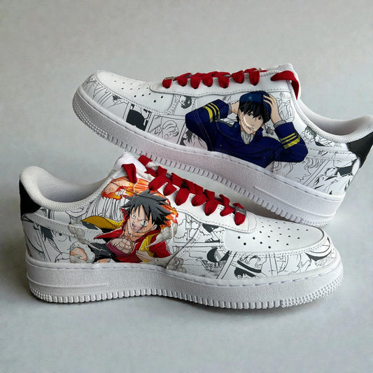 Custom anime-themed Nike Air Force 1 sneakers featuring hand-painted character artwork over manga-style line art, finished with red laces on a white leather base.