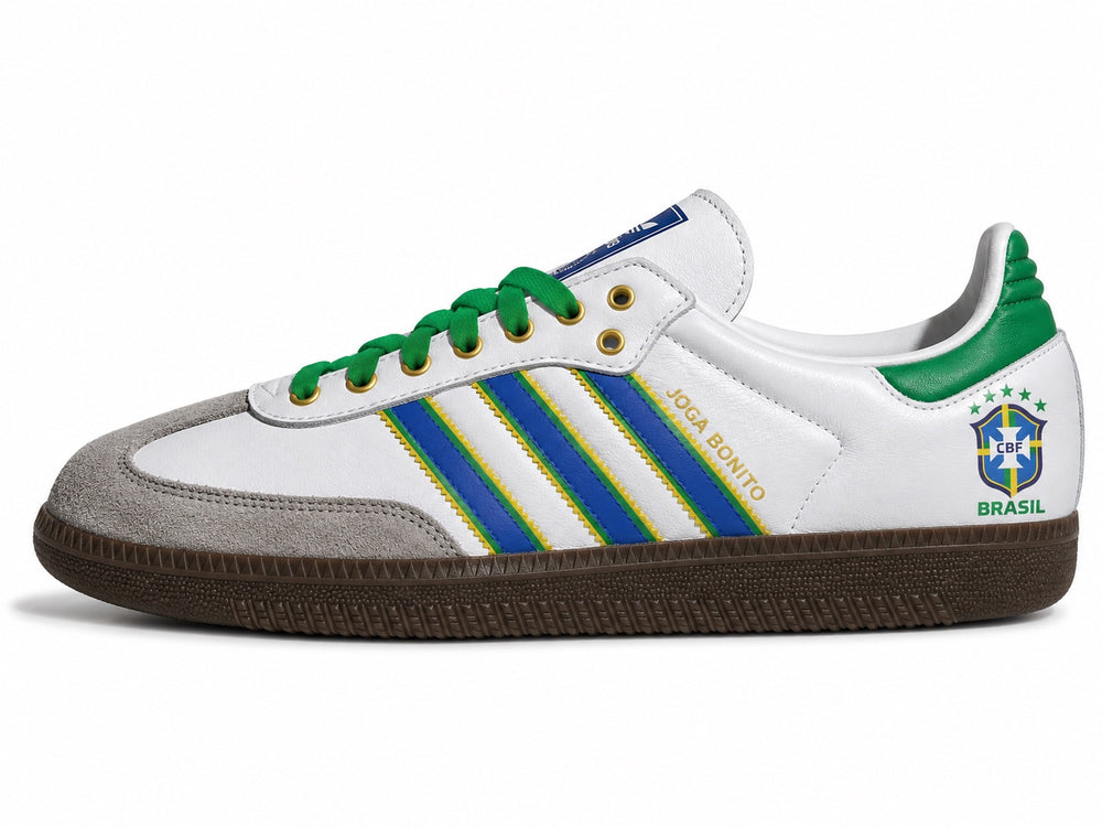 Moreiarty custom Adidas Samba — FIFA 2026 Brazil edition, white leather with green and yellow stripes, Joga Bonito lettering and CBF crest on heel