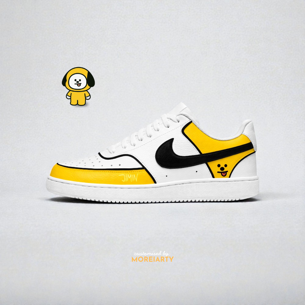 BT21 Chimmy custom Nike Court Vision – hand-painted bold yellow panels with Jimin-inspired Chimmy art