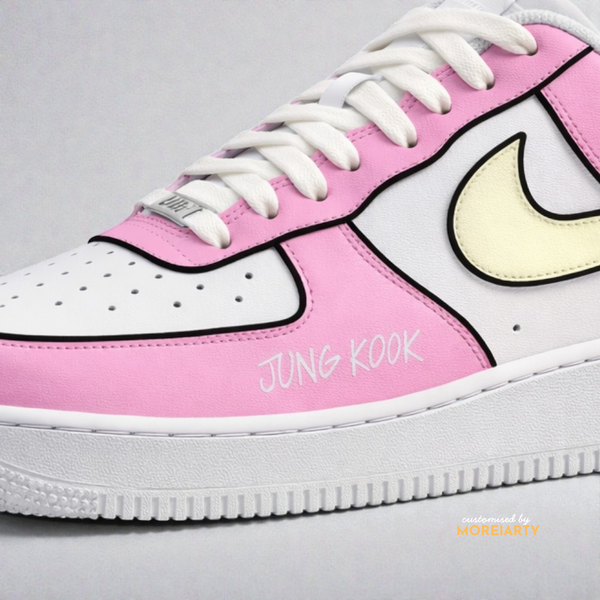 BT21 Cooky AF1 side panel showing JUNG KOOK lettering and pink custom design