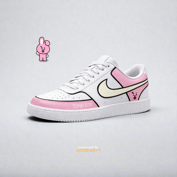 BT21 Cooky custom Nike Court Vision – hand-painted pink panels with Jungkook-inspired character art