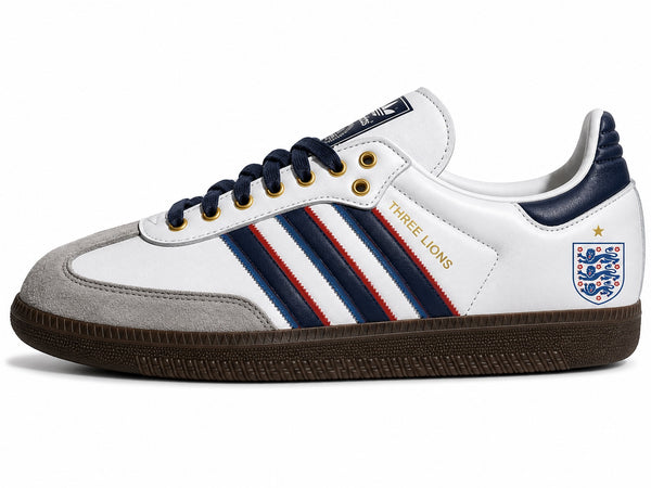 Moreiarty custom Adidas Samba — FIFA 2026 England edition, white leather with navy and red stripes, gold Three Lions lettering and England FA crest on heel