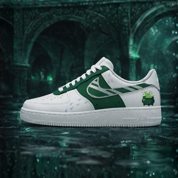 Slytherin-inspired custom Nike Air Force 1 sneaker with green and silver hand-painted swoosh and potion cauldron artwork.