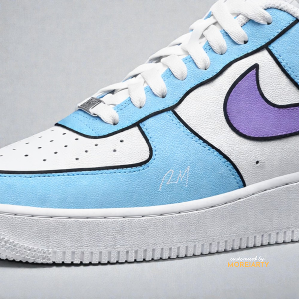 BT21 Koya AF1 close-up side view showing blue and white custom design on Air Force 1
