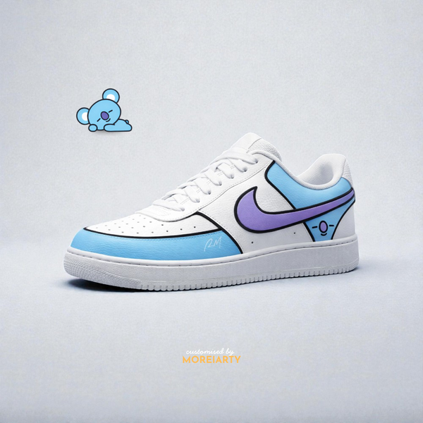 BT21 Koya custom Nike Court Vision – hand-painted soft blue panels with RM-inspired Koya art