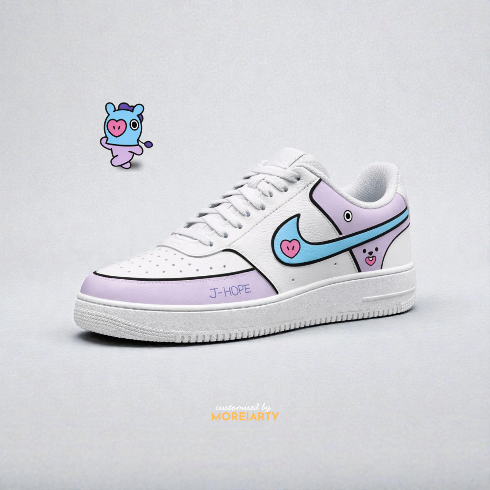 BT21 Mang custom Nike Court Vision – hand-painted lavender panels with J-Hope-inspired Mang character