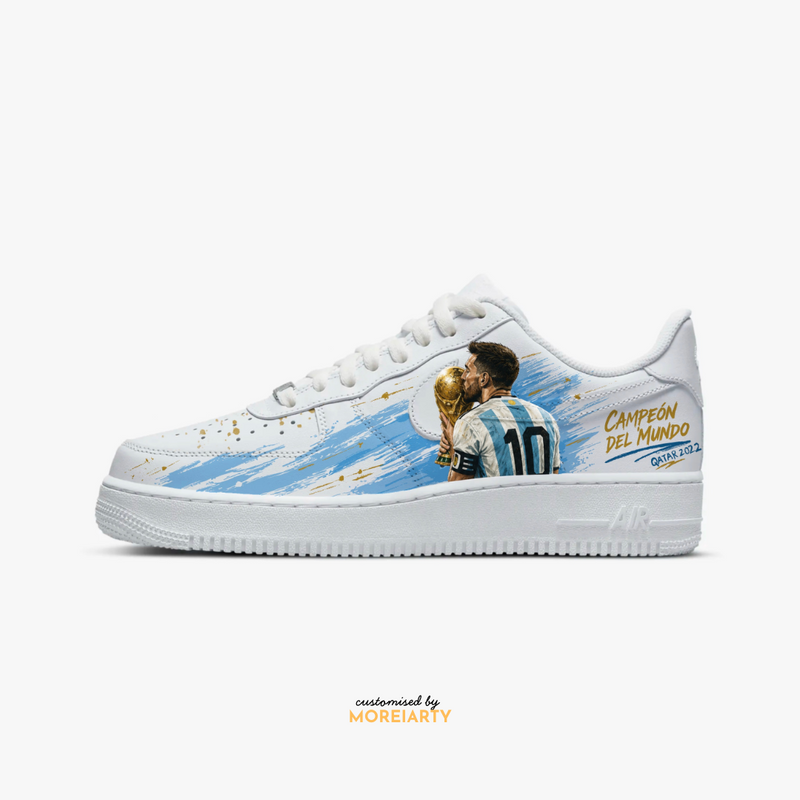 Moreiarty custom Nike Air Force 1 — Messi Campeon del Mundo, hand-painted Qatar 2022 World Cup kiss moment in sky blue and gold on white leather
