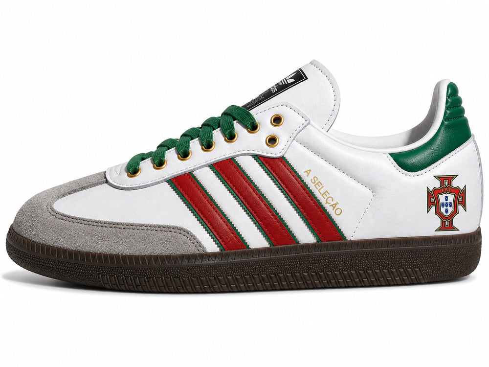 Moreiarty custom Adidas Samba — FIFA 2026 Portugal edition, white leather with red and green stripes, gold A Seleção lettering and FPF crest on heel