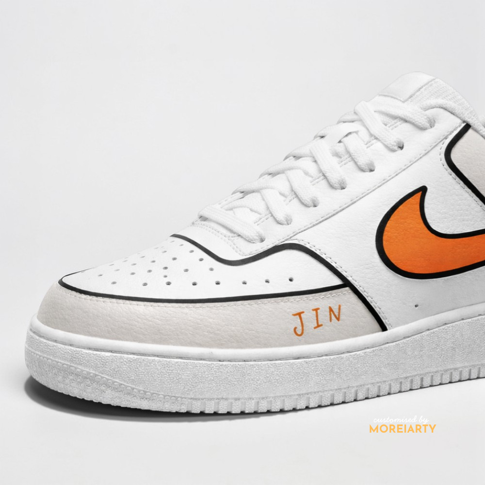 BT21 RJ AF1 side panel with orange Nike logo and JIN lettering on custom Air Force 1