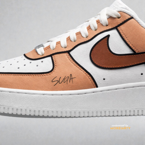 BT21 Shooky AF1 side detail with tan and white Shooky custom design