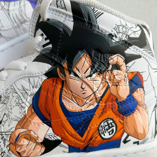 Macro close-up of custom Nike Air Force 1 sneaker featuring hand-painted Dragon Ball Z anime artwork, visible stitching lines, layered paint texture, and white leather base.