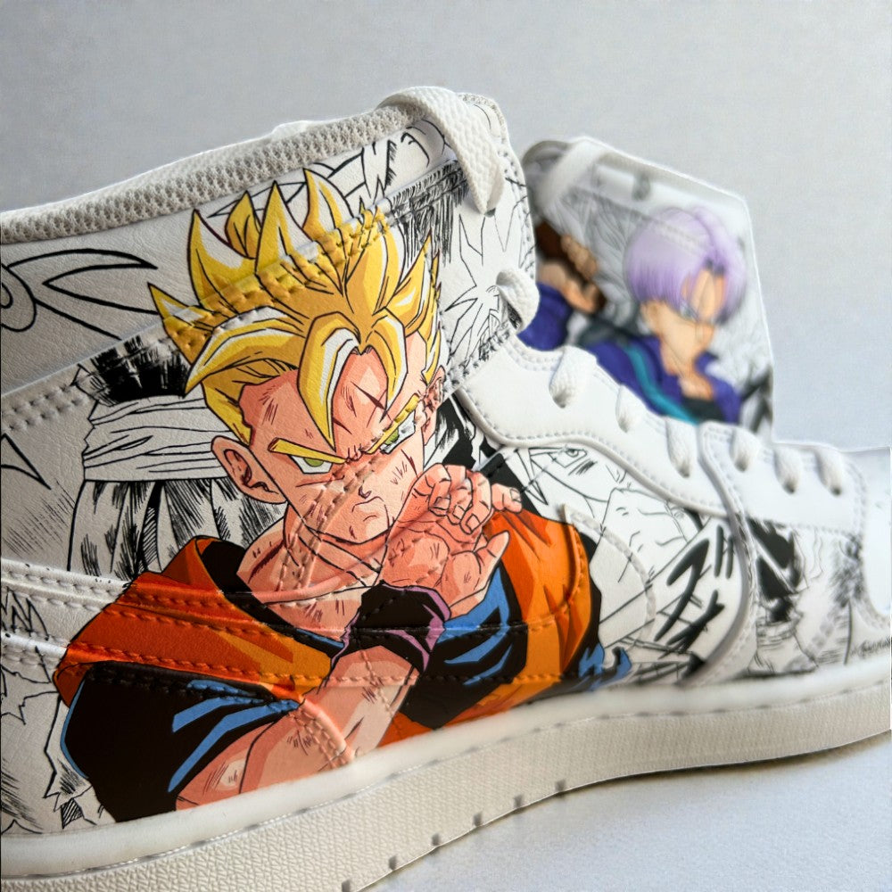 Side detail of custom Nike Air Force 1 sneaker with hand-painted Dragon Ball Z anime artwork, visible leather grain, stitching lines, and illustrated character design.