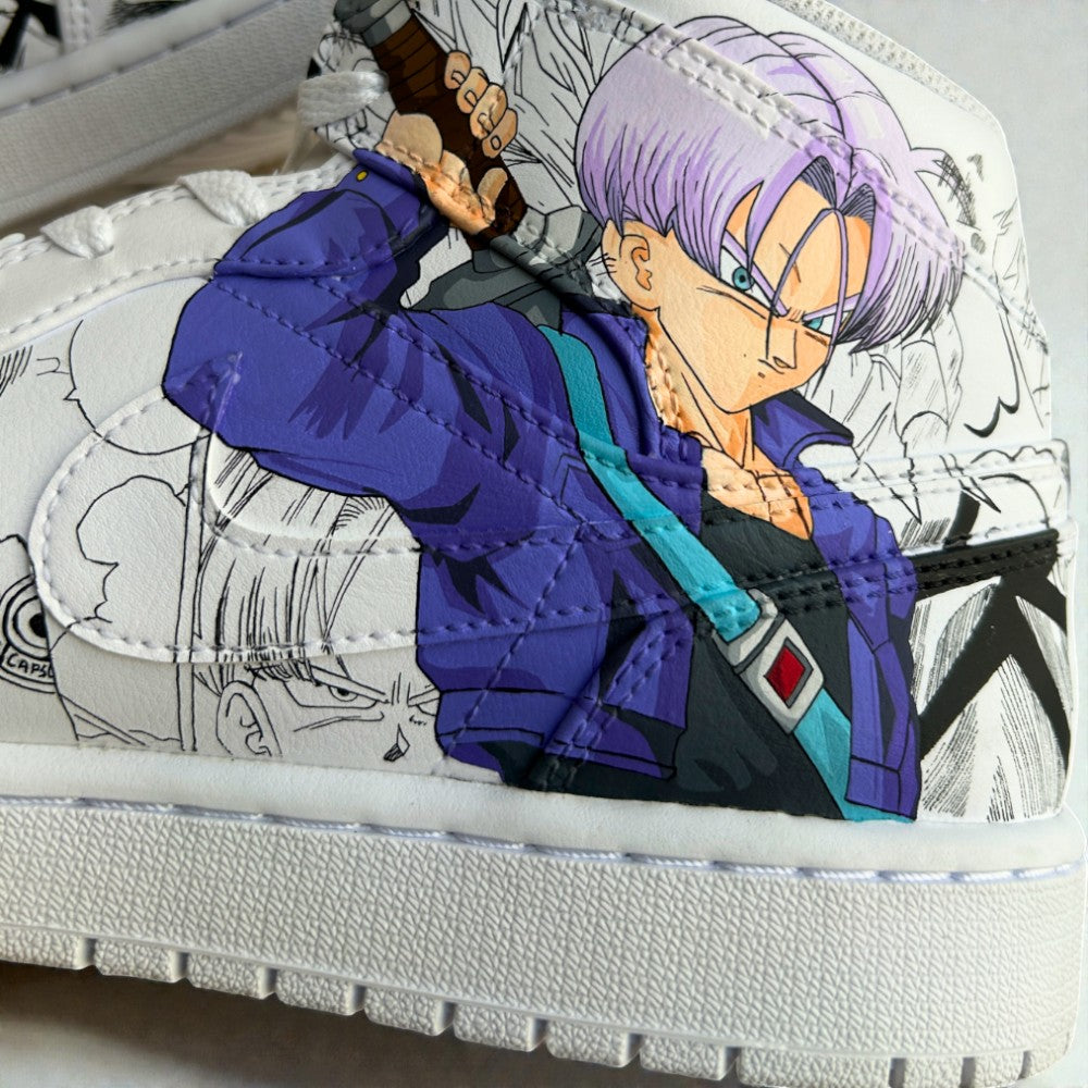 Close-up of custom Nike Air Force 1 sneaker with hand-painted Dragon Ball anime artwork and detailed leather stitching.