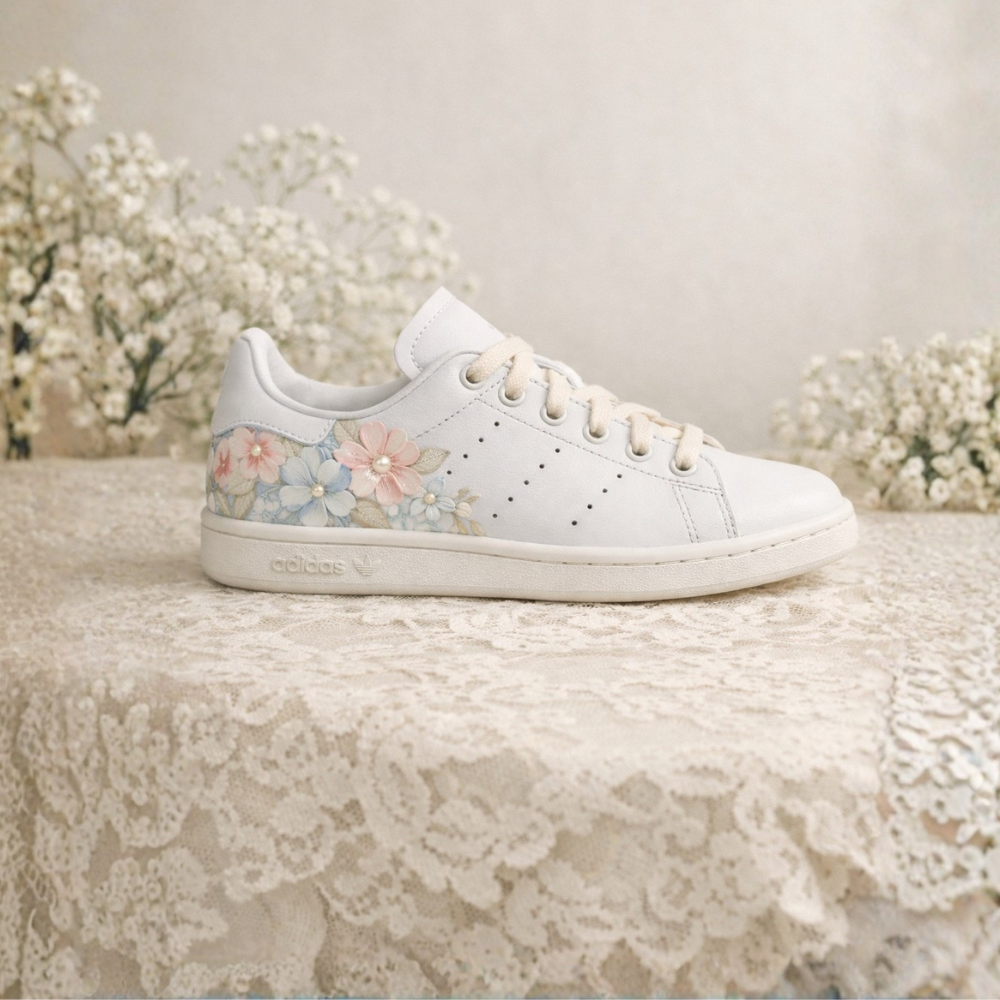The Garden Heiress bridal sneaker – pastel floral mural with pearl accents on Adidas Stan Smith by Moreiarty