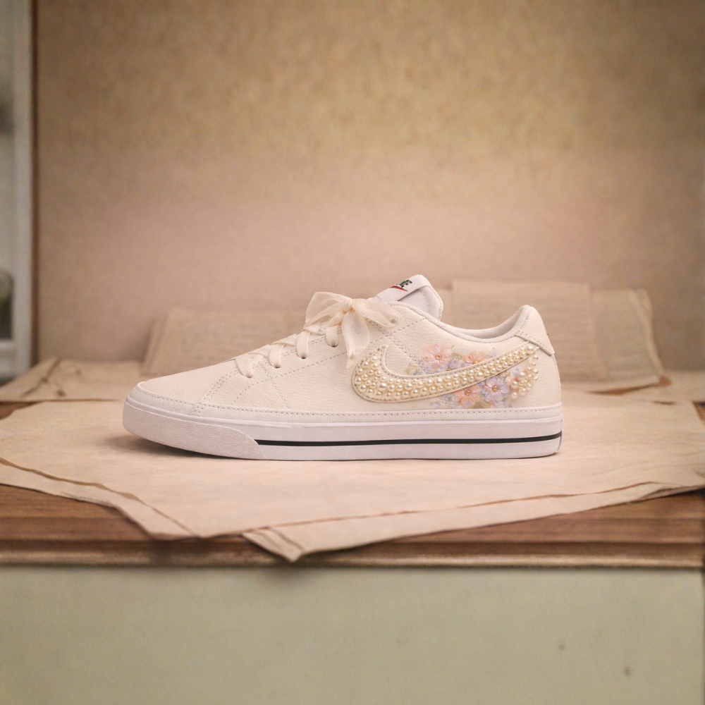 The Midnight Letter bridal sneaker – layered florals and pearl clusters on Nike Court Legacy by Moreiarty