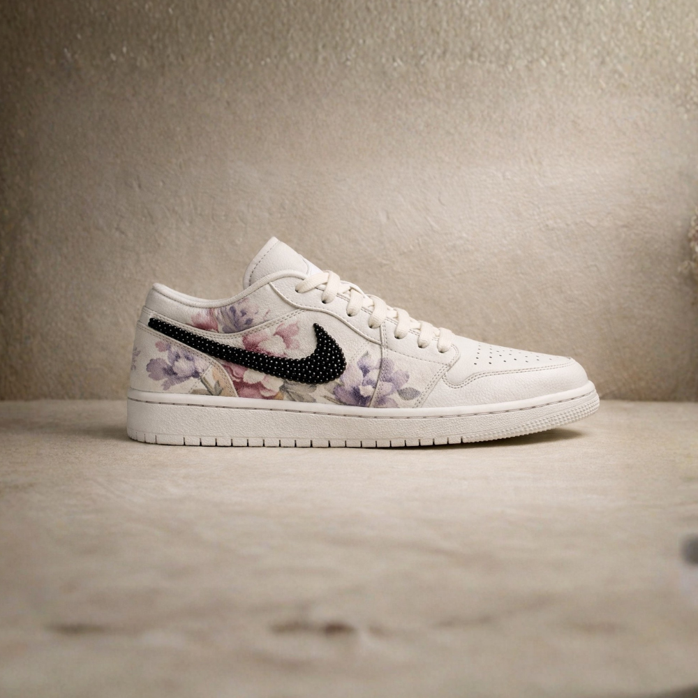 The Scandal minimal bridal sneaker – subtle florals and singular pearl on Air Jordan 1 Mid by Moreiarty