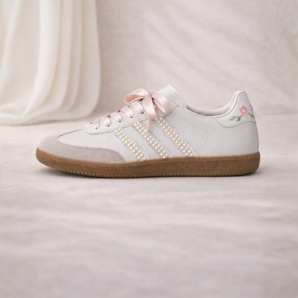 The Whisper bridal sneaker – tonal hand-painted florals on Adidas Samba with pearl accents by Moreiarty