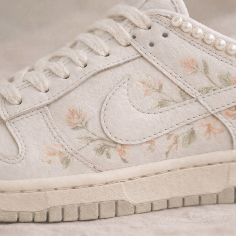 White sneaker with floral pattern on a light background