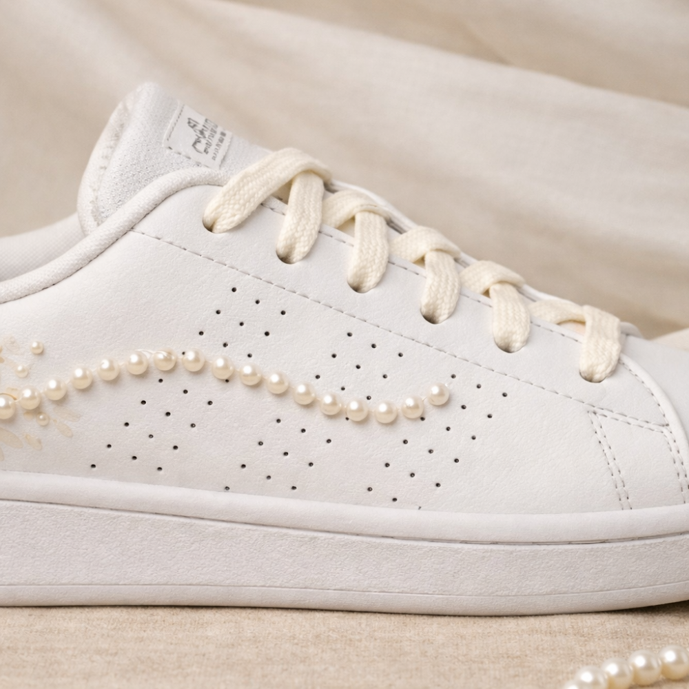 The Silent Conspiracy wedding sneaker – Adidas Advantage with trailing pearl embellishments close-up