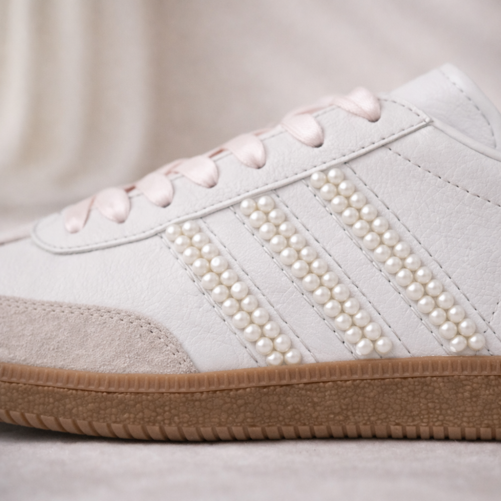 The Whisper wedding Adidas Samba – delicate pearl embellishments close-up