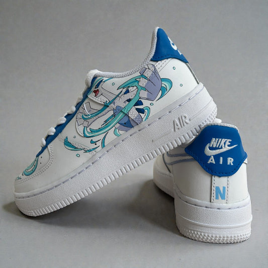 Rear three-quarter view of custom hand-painted Nike Air Force 1 sneakers featuring anime-inspired blue and white character artwork, flowing motion graphics, and Nike Air heel branding on a white leather base, photographed on a neutral background.