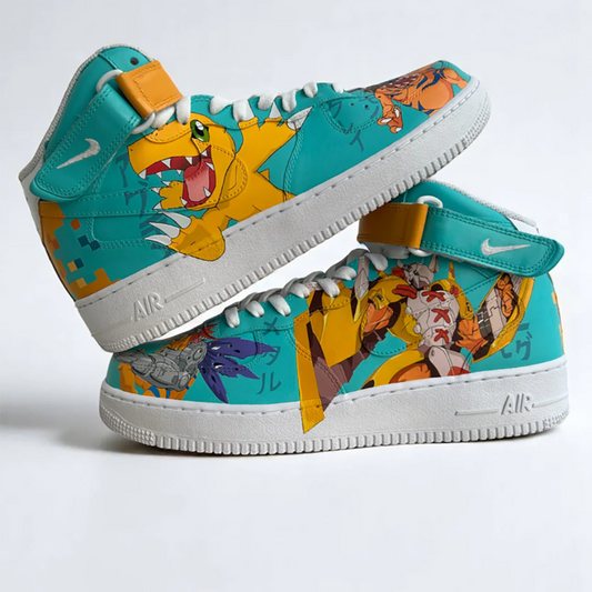 Digimon Evolution custom custom sneakers — lateral side view, Digimon Evolution art by Moreiarty, India