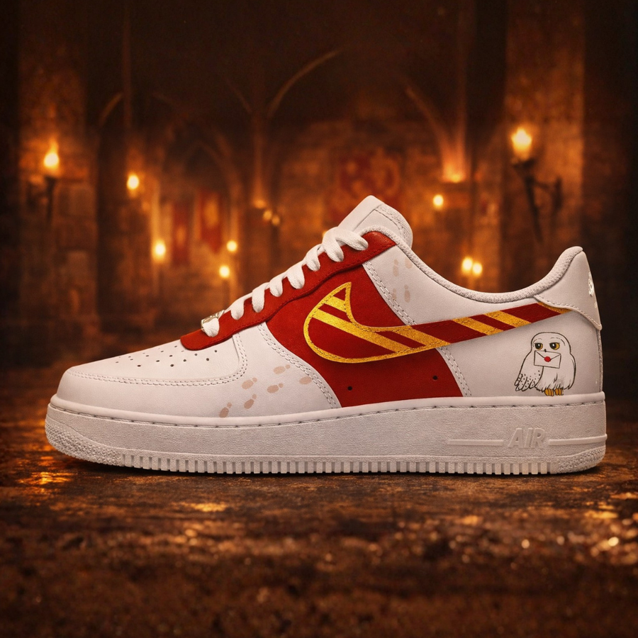 Hand-painted Air Force 1 inspired by Gryffindor. Rich reds, gold accents, and subtle wizarding details crafted as a one-of-one custom sneaker.
