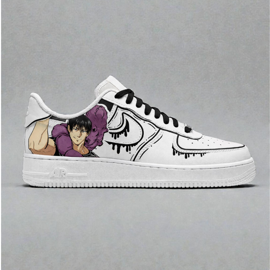 Custom hand-painted white low-top sneakers with anime character artwork, black drip-style swoosh detailing, and contrast black laces on leather base.