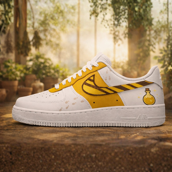 Hufflepuff-inspired custom Nike Air Force 1 sneaker with mustard yellow and brown hand-painted swoosh and potion bottle artwork.