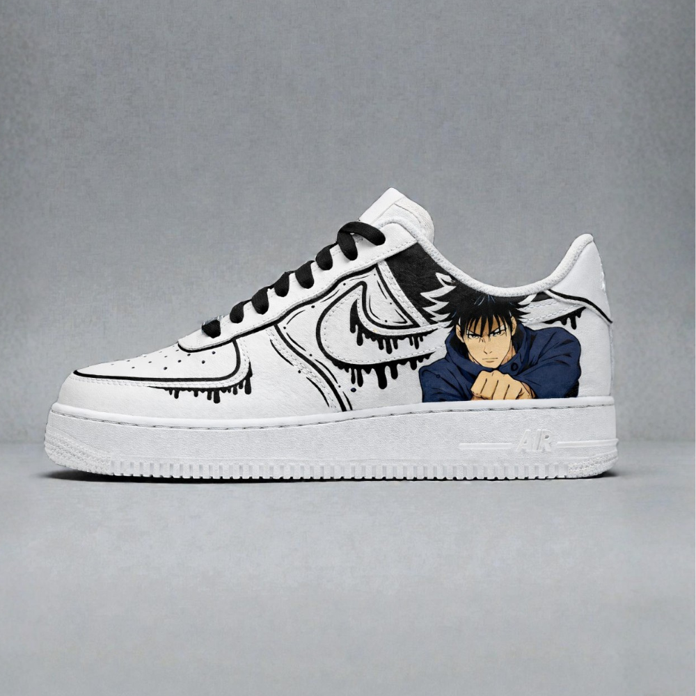 Custom hand-painted white Air Force 1 sneakers featuring anime character artwork, black drip-style swoosh detailing, and black laces on leather base.