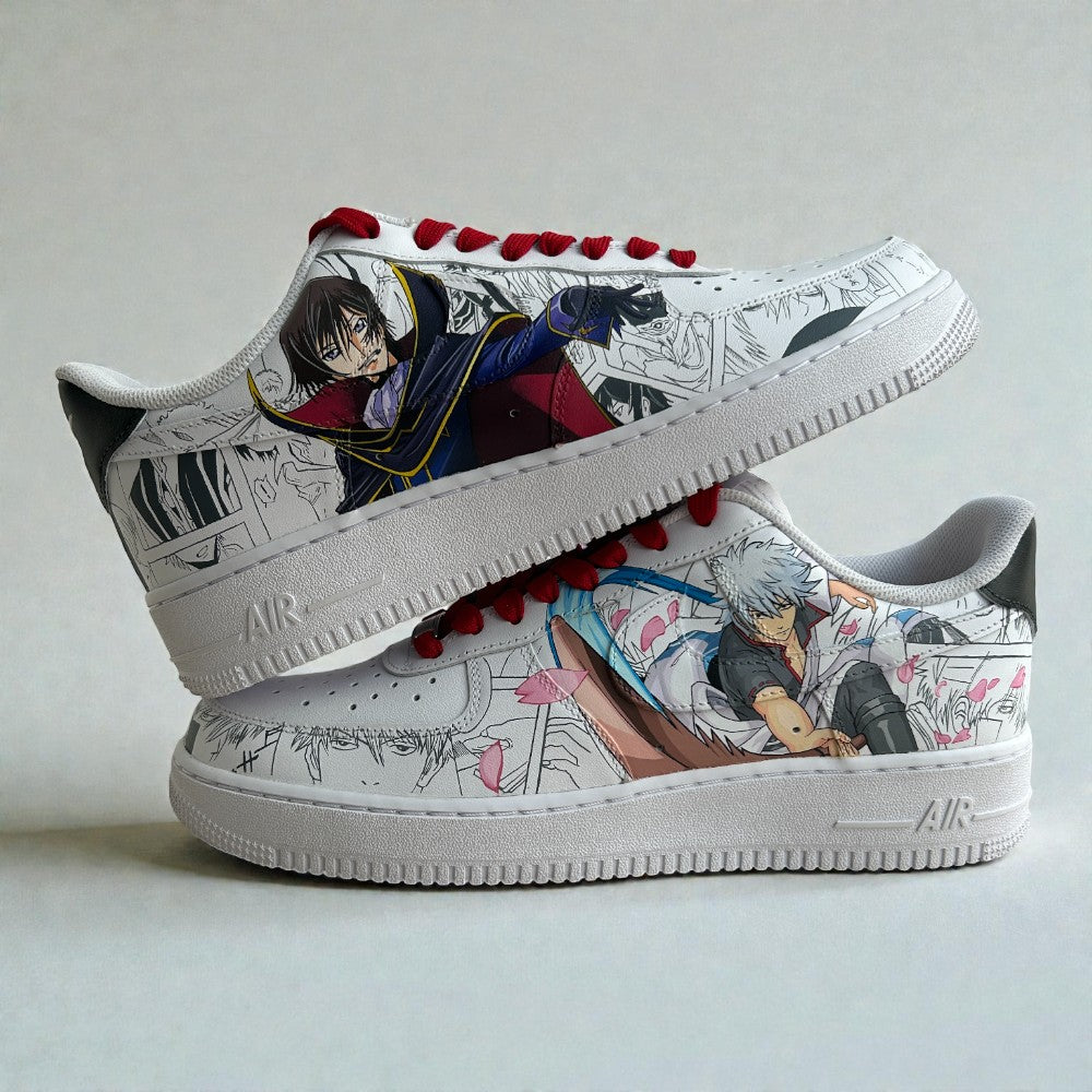Side view of custom hand-painted Nike Air Force 1 sneakers featuring anime character artwork layered over black-and-white manga panels, accented with red laces and subtle color highlights on a clean white leather base.