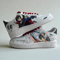 Side view of custom hand-painted Nike Air Force 1 sneakers featuring anime character artwork layered over black-and-white manga panels, accented with red laces and subtle color highlights on a clean white leather base.