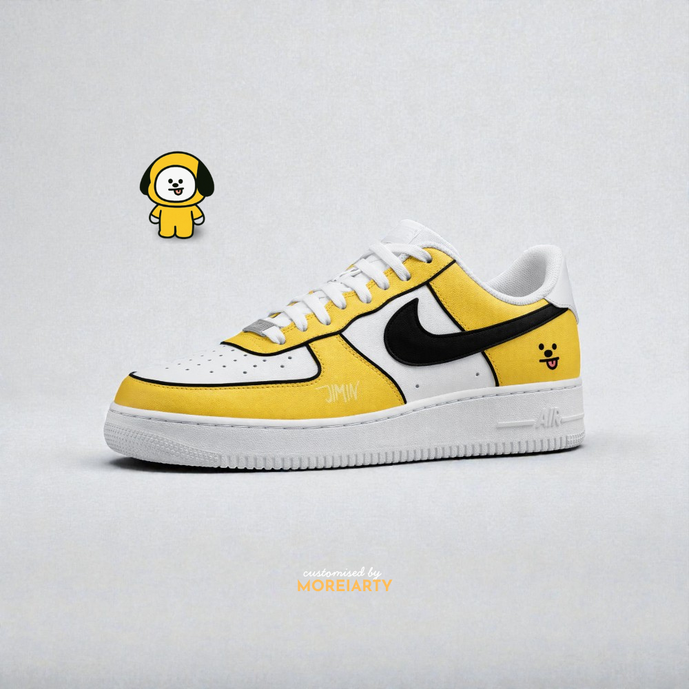 BT21 Chimmy custom Nike Air Force 1 – hand-painted bold yellow panels with Jimin-inspired Chimmy dog