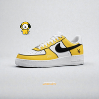 BT21 Chimmy custom Nike Air Force 1 – hand-painted bold yellow panels with Jimin-inspired Chimmy dog