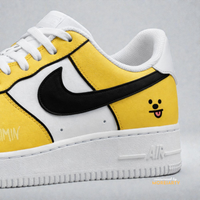 BT21 Chimmy AF1 close-up of yellow panels and black swoosh logo on custom Air Force 1