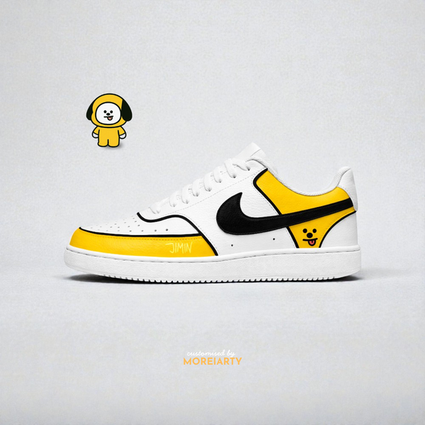 BT21 Chimmy custom Nike Court Vision – hand-painted bold yellow panels with Jimin-inspired Chimmy art