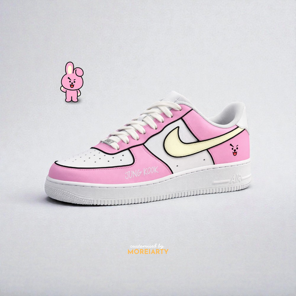 BT21 Cooky custom Nike Air Force 1 – hand-painted pink panels with Jungkook-inspired Cooky character