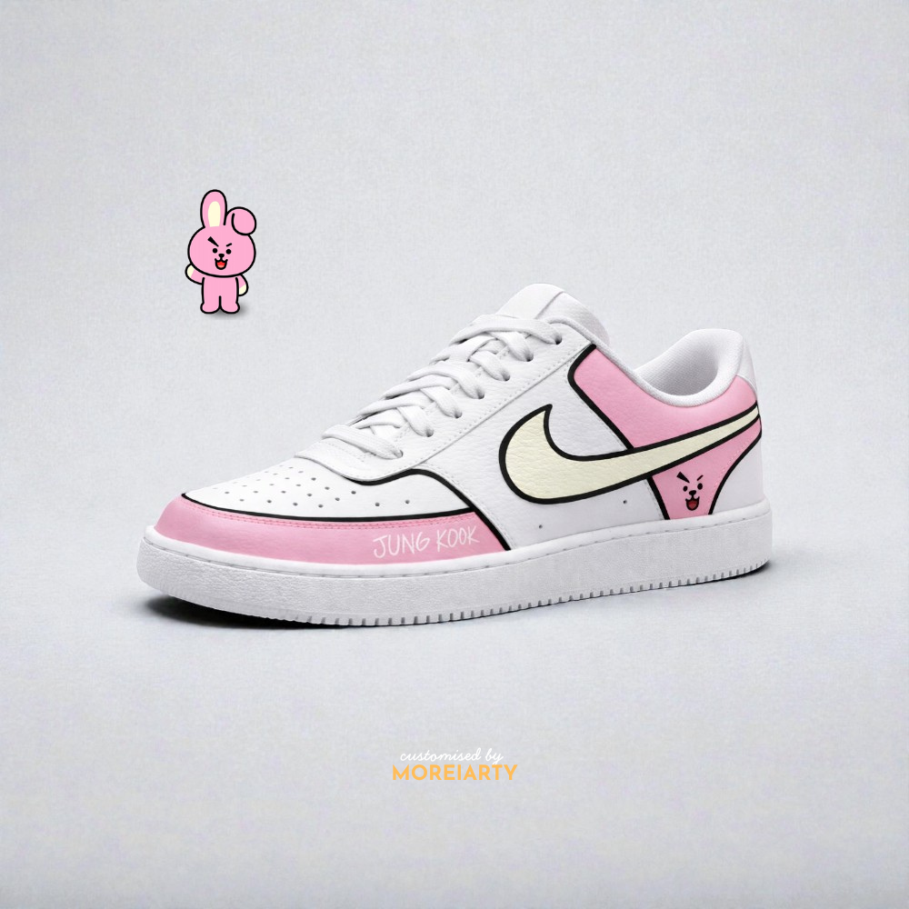 BT21 Cooky inspired custom Nike sneakers celebrating BTS and Jungkook. Hand-painted on premium leather with pink tones and playful character details. One-of-one design.