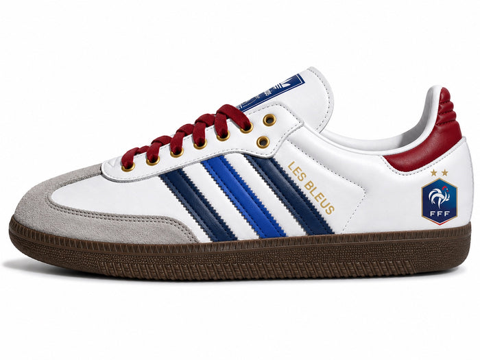 Moreiarty custom Adidas Samba — FIFA 2026 France edition, white leather with blue stripes, crimson laces, gold Les Bleus lettering and FFF crest