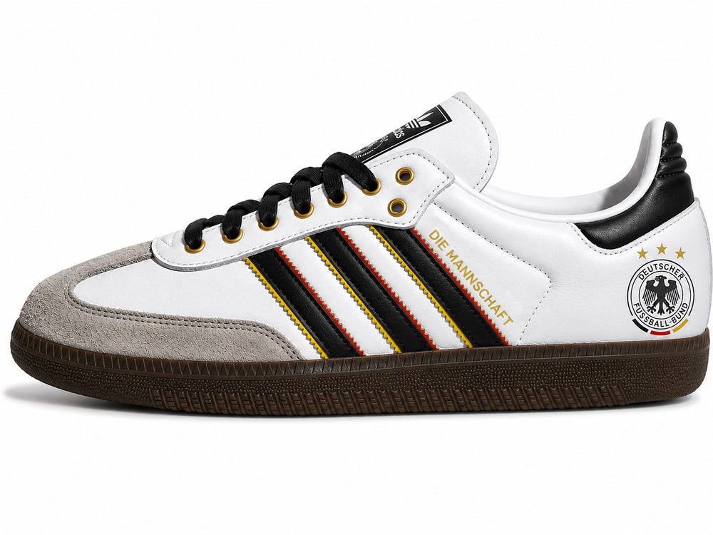 Moreiarty custom Adidas Samba — FIFA 2026 Germany edition, white leather with black stripes and gold-red detailing, Die Mannschaft lettering and DFB eagle crest