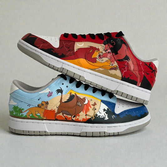 Custom hand-painted Nike Dunk Low sneakers featuring Disney’s The Lion King artwork, with detailed scenes of Simba, Mufasa, Scar, and Timon & Pumbaa painted across both shoes, photographed in a stacked side profile on a neutral background.