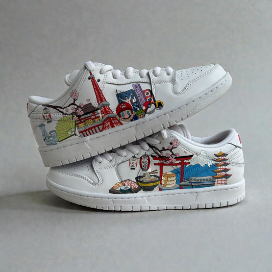 Hand-painted custom sneakers inspired by Japanese culture, cityscapes, and pop icon illustrations.