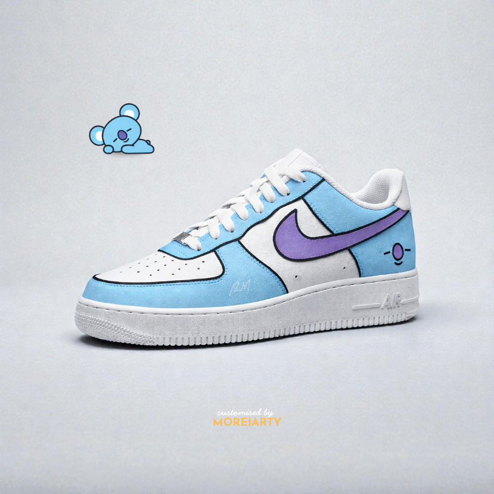 BT21 Koya custom Nike Air Force 1 – hand-painted soft blue and lavender panels with RM-inspired Koya
