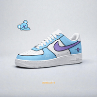 BT21 Koya custom Nike Air Force 1 – hand-painted soft blue and lavender panels with RM-inspired Koya
