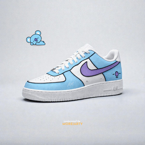 BT21 Koya custom Nike Air Force 1 – hand-painted soft blue and lavender panels with RM-inspired Koya