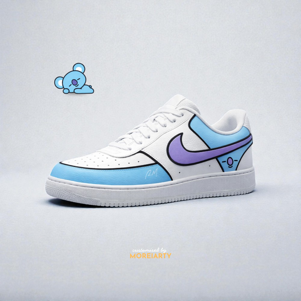 BT21 Koya inspired custom sneakers celebrating BTS and RM. Hand-painted on premium leather with soft blue tones and playful character details. One-of-one design.