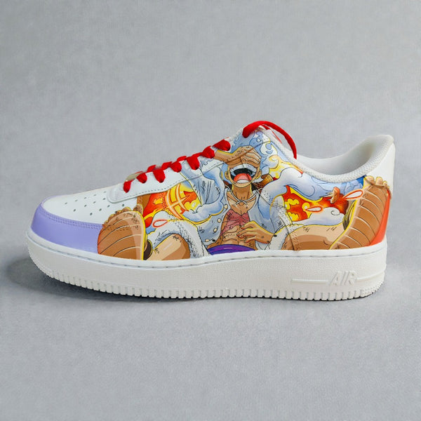 Custom Nike Air Force 1 sneaker featuring hand-painted Monkey D. Luffy from One Piece with red laces and flame detailing.