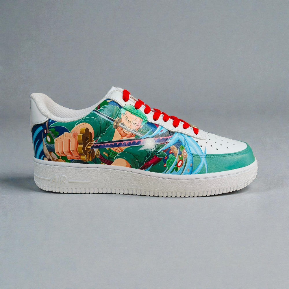 Custom Nike Air Force 1 sneaker featuring hand-painted Roronoa Zoro from One Piece with sword artwork and red laces.